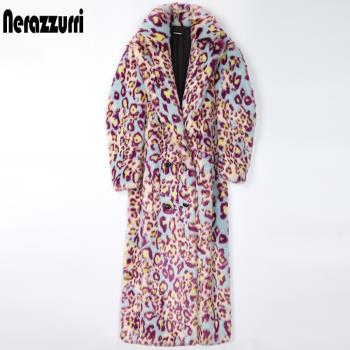 nerazzurri歐美豹紋環保皮草外套女長款雙排扣彩色毛絨仿皮草大衣