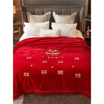 毛毯結婚慶典時尚雙層加厚冬季雙人陪嫁拉舍爾大紅色毯子喜字被子