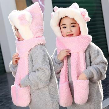 韓版保暖雙層加厚兒童冬天女童帽子圍巾手套三件套裝一體帽蝴蝶結