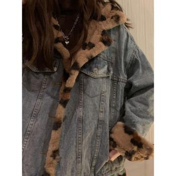 豹紋仿羊羔毛毛牛仔外套女冬歐貨皮草皮毛一體加厚棉襖兩面穿夾克