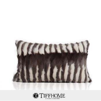 TIFFHOME現代輕奢軟裝樣板間咖白色條紋兔毛腰枕皮草靠包北歐抱枕