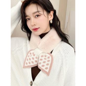 獺兔毛真毛短款皮草圍巾 針織蝴蝶結小領結甜美氣質圍脖女冬季