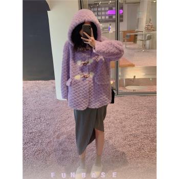 AMY雲朵牛角扣羊剪絨大衣女皮草外套2022年秋冬設計款連帽韓版冬