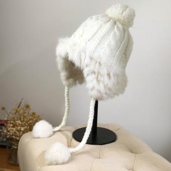 可愛女秋冬護耳兔毛球白色帽子