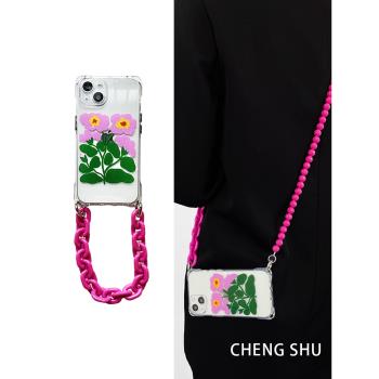 iphone16promax斜挎手機殼兩朵粉花適用蘋果13手機套透明矽膠全包15pro掛繩可單肩玫紅色xsmax手提鏈條8p女款
