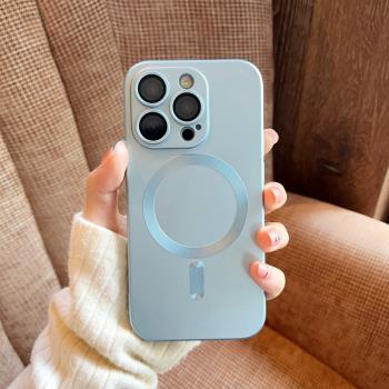 簡約高階感磁吸充電適用蘋果16promax手機殼16pro一體鏡頭膜iPhone15promax矽膠軟殼14promax全包防摔13pro女