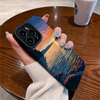 技芝 ins潮牌適用IPhone13/12promax蘋果11 14手機殼16皮質xsmax男女X/XS全包8Plus高階矽膠套軟油畫海邊晚霞