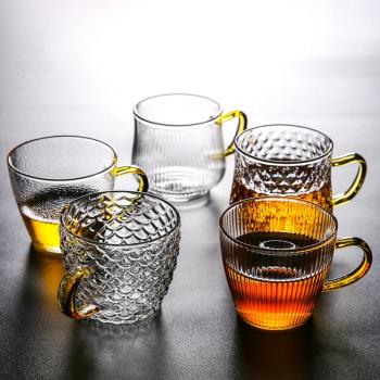 日式錘紋耐熱加厚玻璃品茗杯家用彩色把手小茶杯酒杯功夫茶具配件