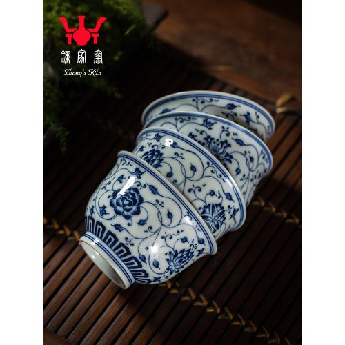 鐘家窯三才蓋碗茶杯家用套裝泡茶碗景德鎮柴窯青花纏枝花紋茶具|功夫茶