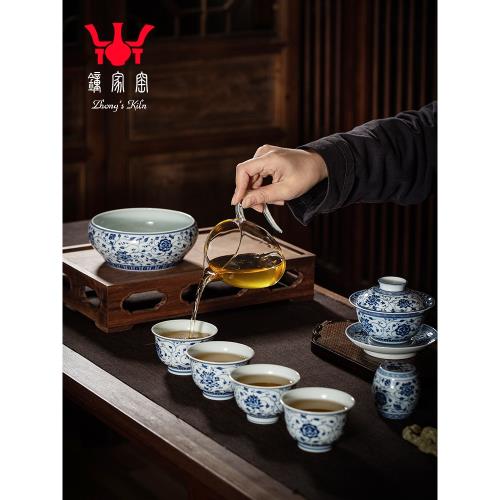 鐘家窯三才蓋碗茶杯家用套裝泡茶碗景德鎮柴窯青花纏枝花紋茶具|功夫茶