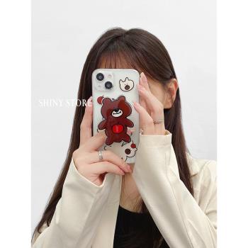iphone13pro透明手機殼適用蘋果12卡通蘋果熊11帶支架8p韓系可愛