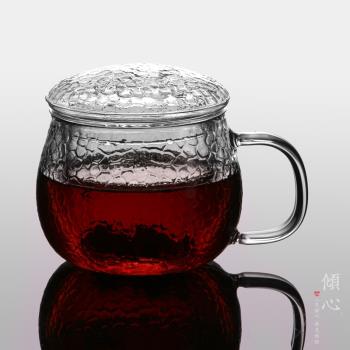 日式耐熱錘紋玻璃茶杯家用便攜辦公大水杯花茶綠茶杯過濾茶水分離