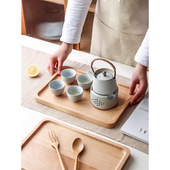 川島屋日式木質托盤家用放茶杯水杯子茶具托盤長方形實木茶托茶盤