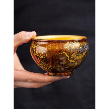 大漆主人杯漆器茶具建盞龍杯鎏金純手工茶杯手繪金盞復古2024龍年