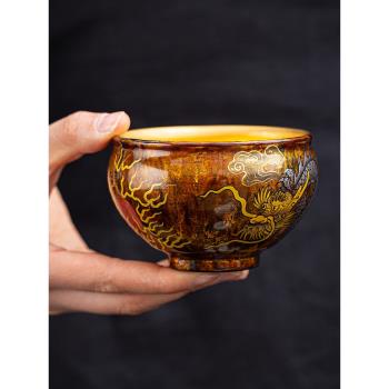 夢南州大漆建盞主人杯手繪龍杯漆器茶具金盞鎏金純手工茶杯復古