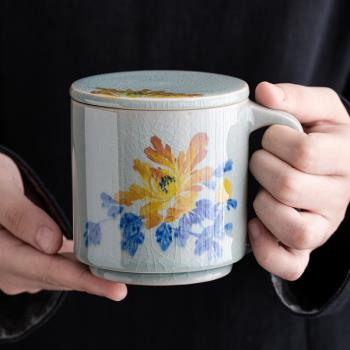 陶瓷手繪牡丹茶杯復古大容量花釉