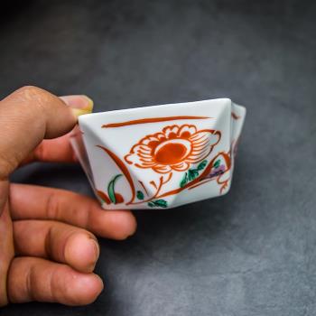 日本進口酒具日式九谷燒赤繪茶碗不規則和風創意陶瓷酒小茶杯酒杯
