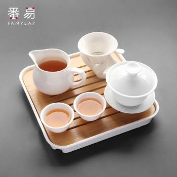 中式三才茶碗帶蓋陶瓷泡茶用中號不燙手白瓷蓋碗茶杯功夫茶具套裝