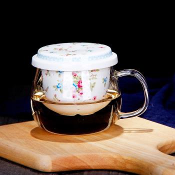 日式三件加厚玻璃花茶杯過濾茶杯陶瓷辦公室泡茶沖茶杯子花茶茶具