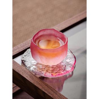 日式粉色玻璃茶杯國潮風清酒琉璃杯女士主人杯品茗杯冰凍燒小茶杯