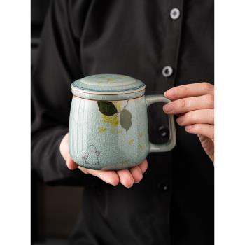 冰片手繪玉兔馬克杯個人專用茶水分離杯子帶蓋辦公室泡茶杯陶瓷杯