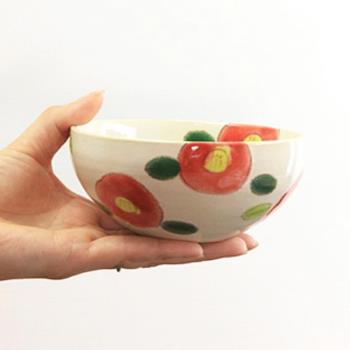 日本進口新年紅椿復古粗陶馬克杯山茶花咖啡杯碟茶杯飯碗咖喱盤子