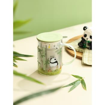 藍蓮花家居熊貓小花花玻璃泡茶杯內建濾網帶把帶蓋茶杯辦公室耐熱