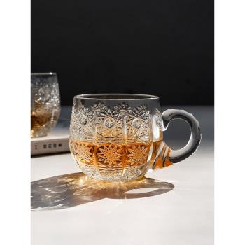 捷克進口波西米亞水晶玻璃帶把咖啡杯手工精刻刻花帶碟茶杯水杯