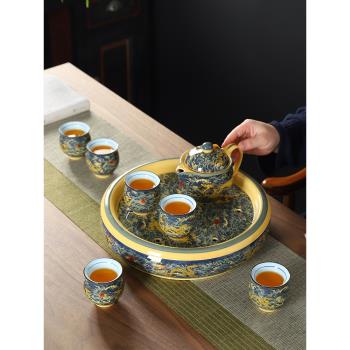 康樂品雙層茶盤茶具套裝家用客廳整套功夫茶具特價陶瓷茶杯壺復古