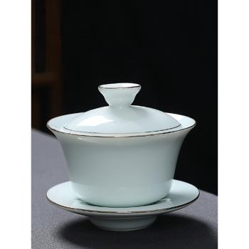 羊脂玉瓷蓋碗手工描金三才碗陶瓷敬茶杯大容量泡茶碗功夫茶具套裝