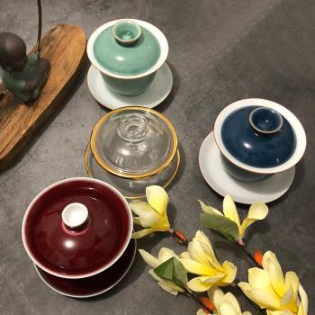 現代中式樣板房茶杯客廳茶室茶具簡約功夫茶碗帶蓋帶碟裝飾擺件