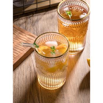 北歐ins玻璃杯透明簡約杯子浮雕水晶杯家用女金邊茶杯復古歐式