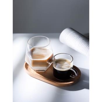 ins風咖啡杯子套裝網紅玻璃水杯透明茶杯木質小託盤子甜品小奶盅