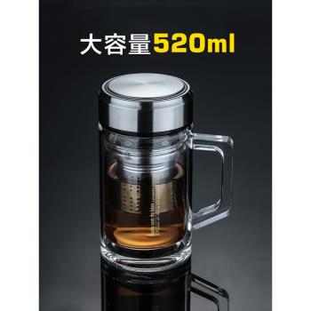 英國ORTOR雙層玻璃杯大容量手柄辦公杯透明帶蓋過濾商務茶杯520ml