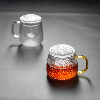 錘紋玻璃杯家用茶水分離杯泡茶杯透明大容量帶把帶蓋辦公耐熱杯子