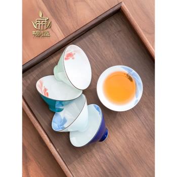 榜盛手繪魚戲品茗杯主人杯茶具陶瓷單個斗笠杯茶盞家用功夫茶杯