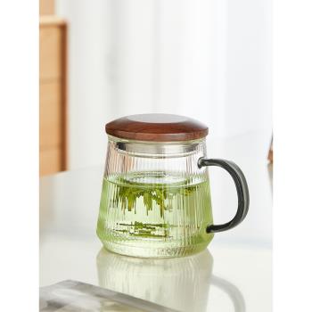 日式茶水分離泡茶杯耐高溫家用玻璃杯個人專用辦公喝茶帶把綠茶杯