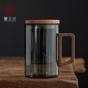 個人泡茶杯有手把帶茶葉過濾內膽胡桃木高檔男女士辦公室玻璃水杯
