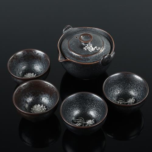 日本精品 李甲棧天目建盞一壺四杯整套功夫茶具茶具套裝茶杯套裝