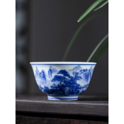 民間藝人純手工山水青花主人杯單杯景德鎮陶瓷手繪功夫茶杯品茗杯|茶杯