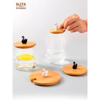天鵝杯蓋通用木質茶杯單賣可放勺馬克杯玻璃杯竹木蓋子圓形水杯蓋
