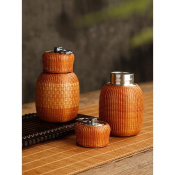 竹編絲扣保溫杯燜茶壺304不銹鋼手工復古熱水壺迷你茶杯便攜水杯