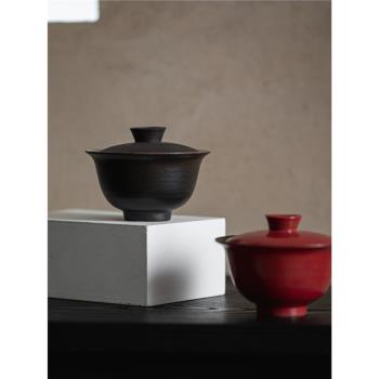 日式粉引大漆紅手工蓋碗 功夫茶具粗陶薄胎泡茶碗 陶泥仿古泡茶碗