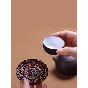 復古紫檀木鏤空紋茶杯墊纏枝蓮紋雕花紅木蓋碗杯托功夫茶隔熱杯墊