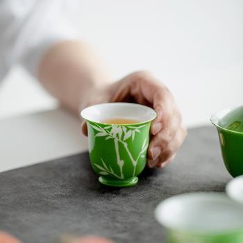 雍正綠純手繪青竹觀蕾主人杯家用陶瓷茶杯品茗杯觀蕾杯花瓣杯單杯