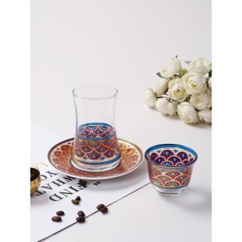浪漫異國風情茶杯藍金土耳其花茶杯碟套裝咖啡杯子玻璃杯勺子禮盒