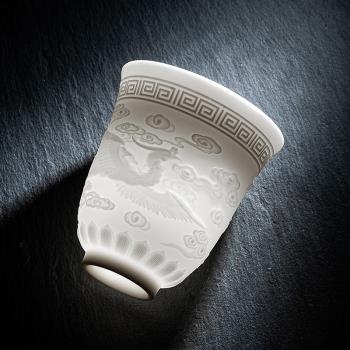 中國白羊脂玉功夫茶杯個人專用陶瓷茶具單只浮雕心經主人杯品茗杯