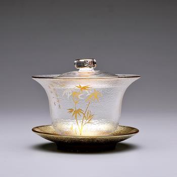 中式玻璃蓋碗金邊功夫茶具公道杯茶杯玻璃耐高溫蓋碗茶具套裝家用