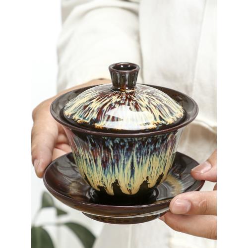 蓋碗茶杯茶碗大號茶具復古泡茶碗陶瓷創意中式功夫窯變三才碗單個