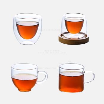 耐熱玻璃品茶杯普洱紅茶功夫茶具小茶杯子透明雙層隔熱品茗杯木托